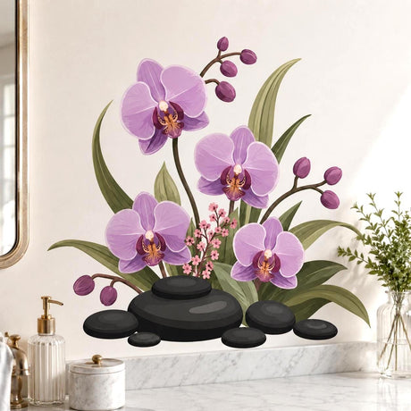 Purple orchid wall decal with lavender flowers, buds, long green leaves, tiny pink blossoms and spa stones.