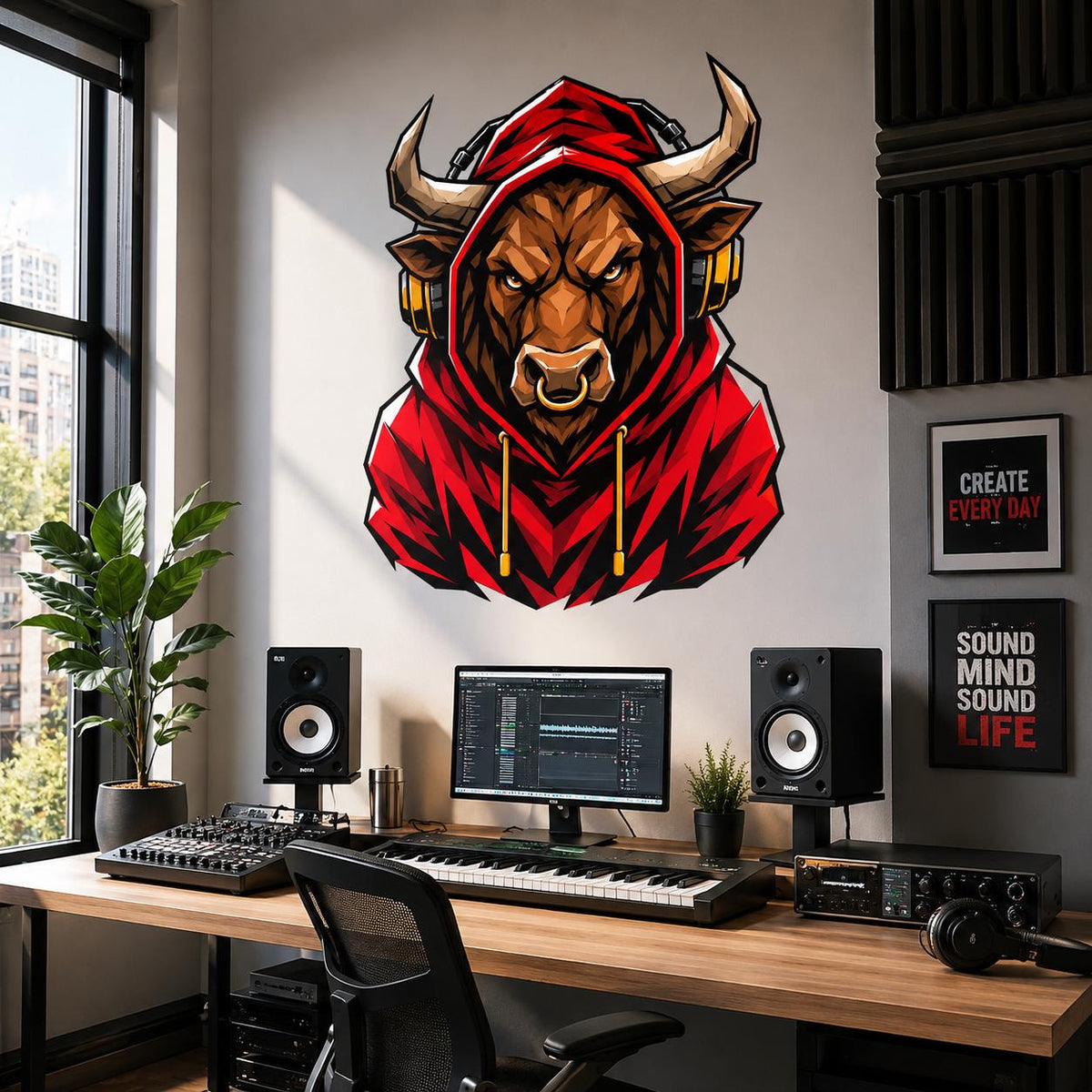 Bull gamer wall decal in a red hoodie above a gaming workstation with computer screens and speakers.