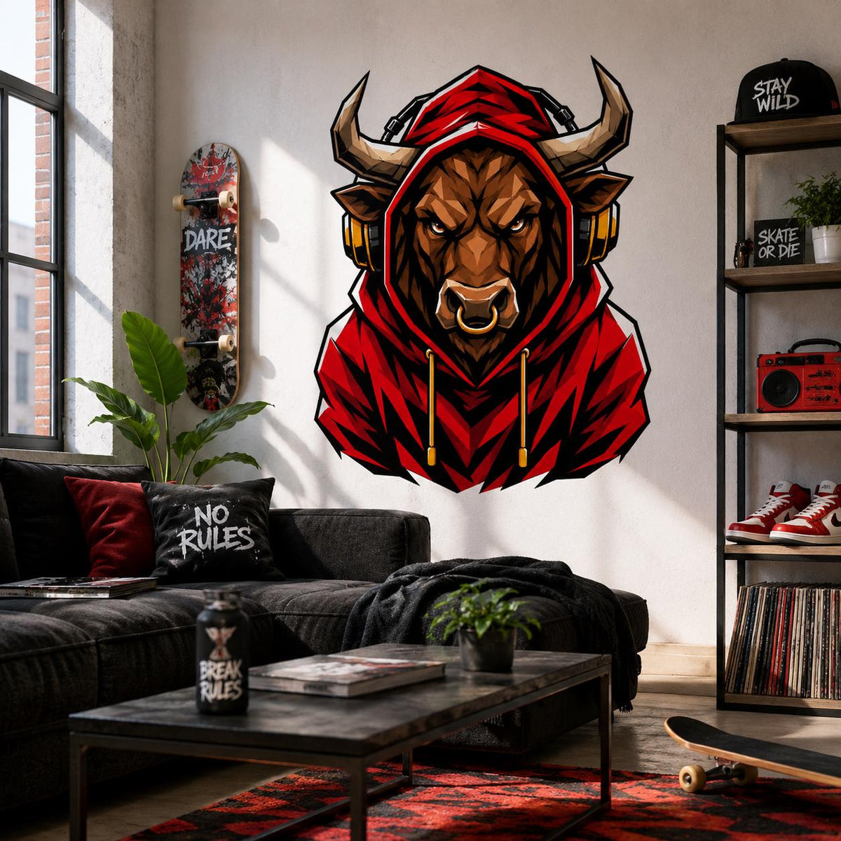 Red-hooded bull with gold-accented headphones wall decal above a black sofa in a loft living room.