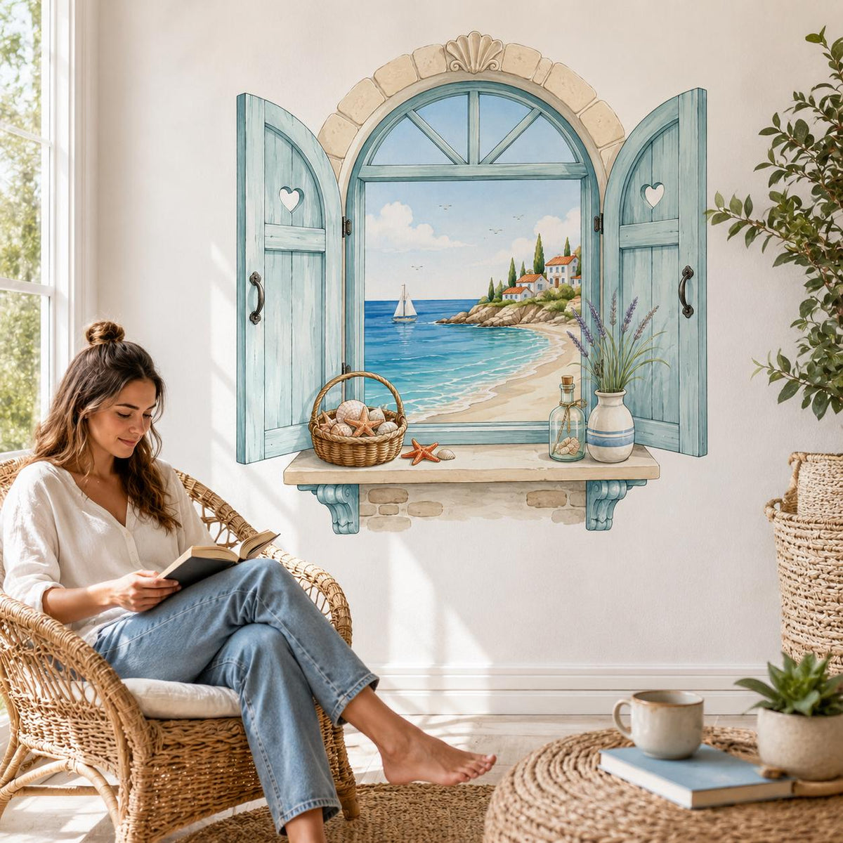 Decorative Mediterranean window view wall decal with an arched coastal window with aqua shutters, turquoise sea, beach and sailboat