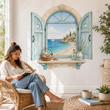 Decorative Mediterranean window view wall decal with an arched coastal window with aqua shutters, turquoise sea, beach and sailboat