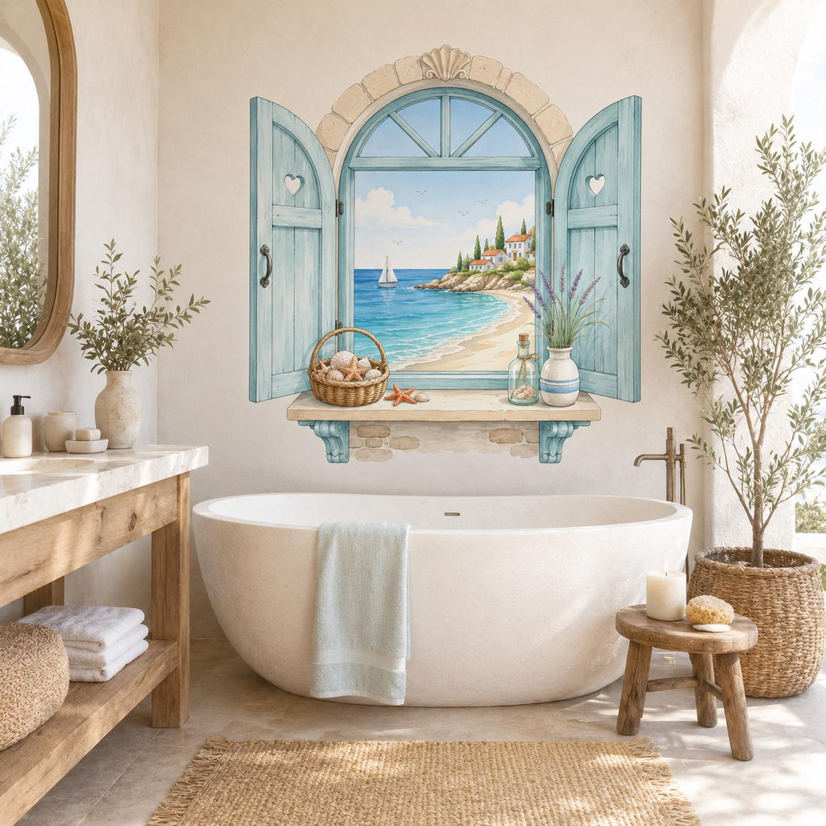 Printed vinyl composition depicting an arched coastal window with aqua shutters, turquoise sea, beach and sailboat
