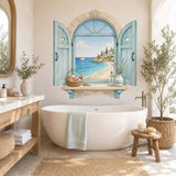 Printed vinyl composition depicting an arched coastal window with aqua shutters, turquoise sea, beach and sailboat