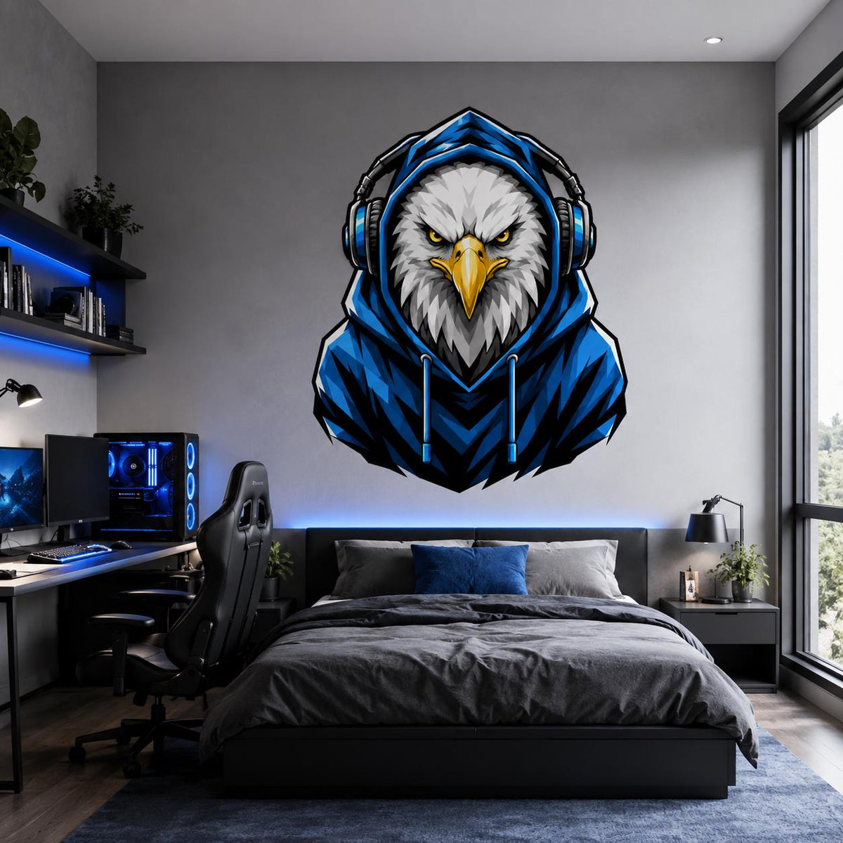 Printed vinyl design showing a bald eagle with golden eyes, a blue hoodie and over ear headphones