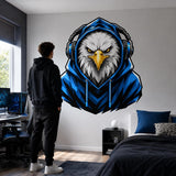 Bald eagle gamer wall decal with a bald eagle with golden eyes, a blue hoodie and over ear headphones