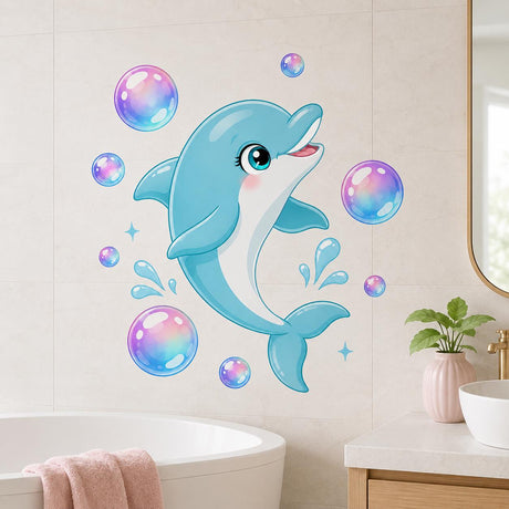 Cute blue dolphin wall decal with sparkling eyes, rosy cheeks, white belly and pastel bubbles and water splashes.