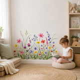 Printed vinyl design showing pink, coral, yellow and violet meadow flowers among tall green grasses