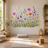 Decorative wall sticker depicting pink, coral, yellow and violet meadow flowers among tall green grasses