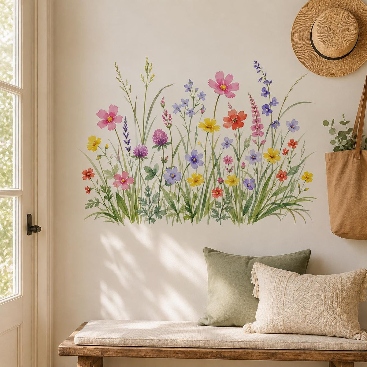 Watercolor wildflower wall decal illustrating pink, coral, yellow and violet meadow flowers among tall green grasses