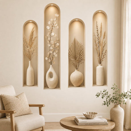 Four beige wall niche decals with spotlights and cream vases displaying dried grasses, branches and palm leaves.