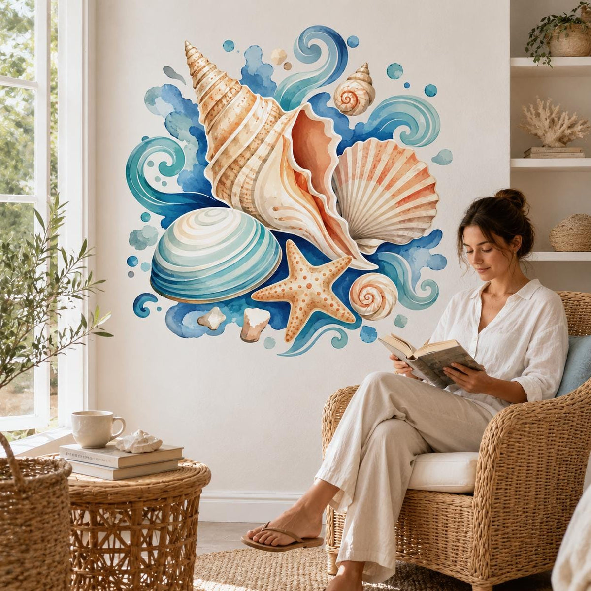 Design preview of watercolor seashell wall decal showing a conch shell, scallop shell, starfish and curling blue waves