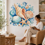 Design preview of watercolor seashell wall decal showing a conch shell, scallop shell, starfish and curling blue waves