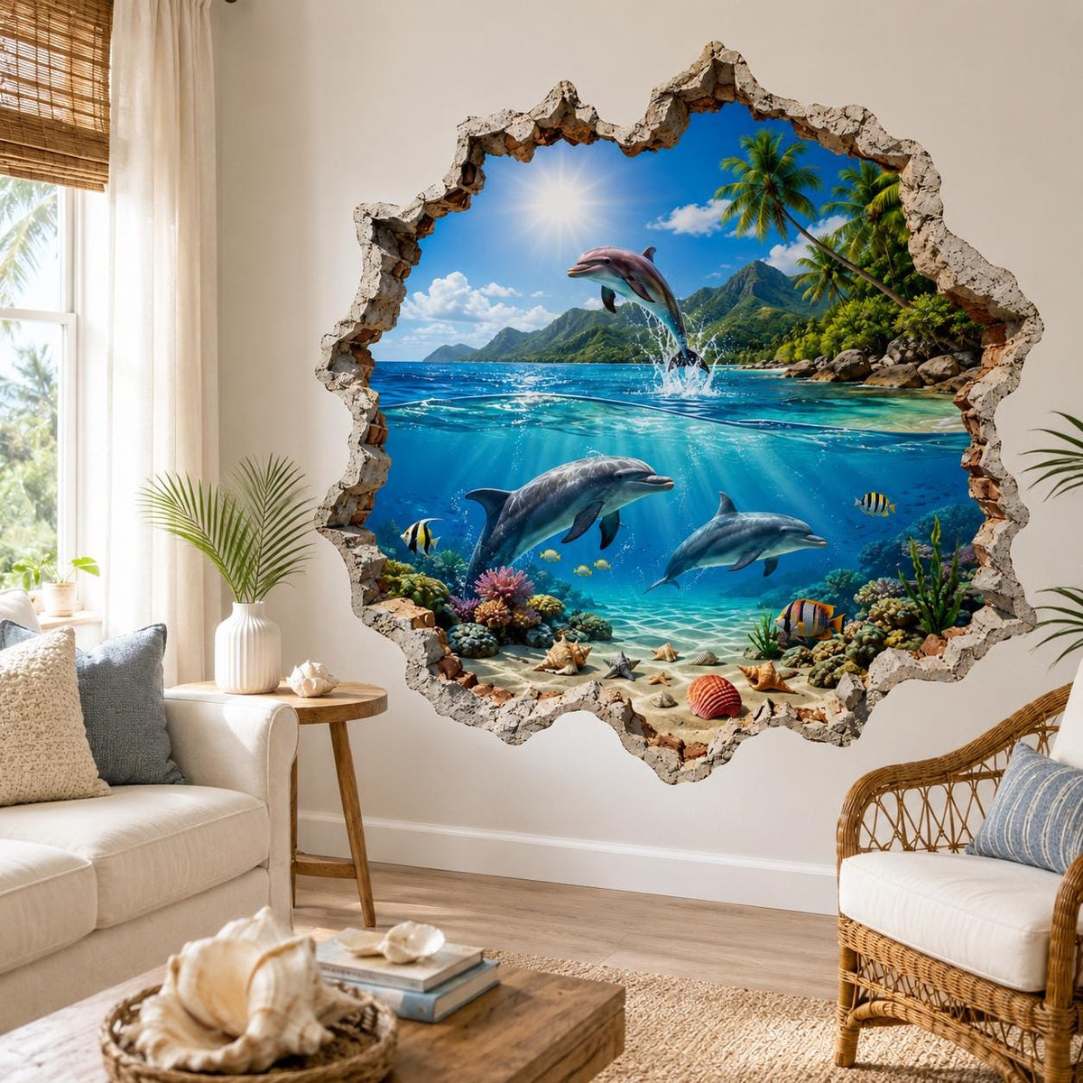 Wall sticker artwork featuring three dolphins, turquoise water and colorful fish framed by a broken wall