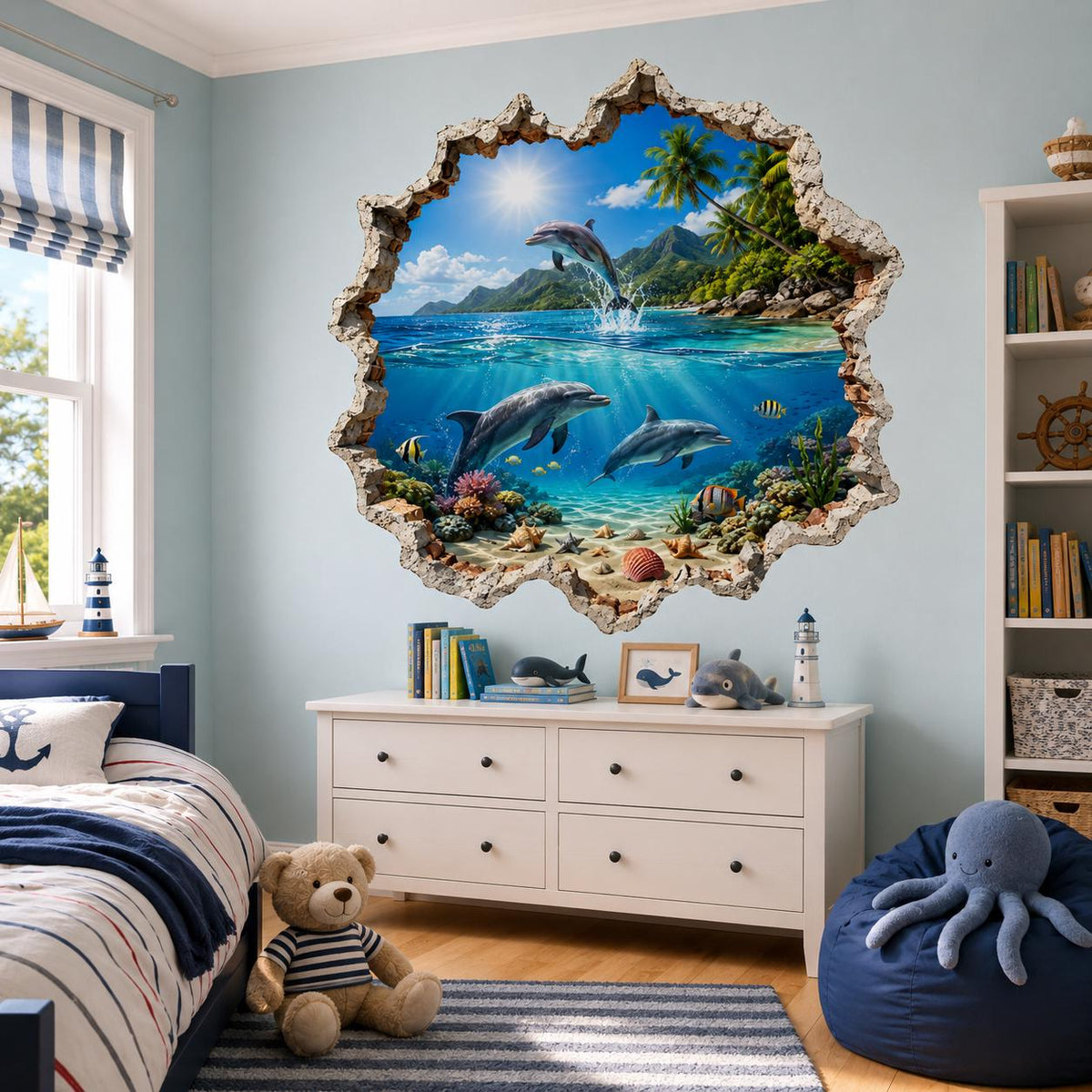 Design preview of tropical dolphin illusion wall decal showing three dolphins, turquoise water and colorful fish framed by a broken wall