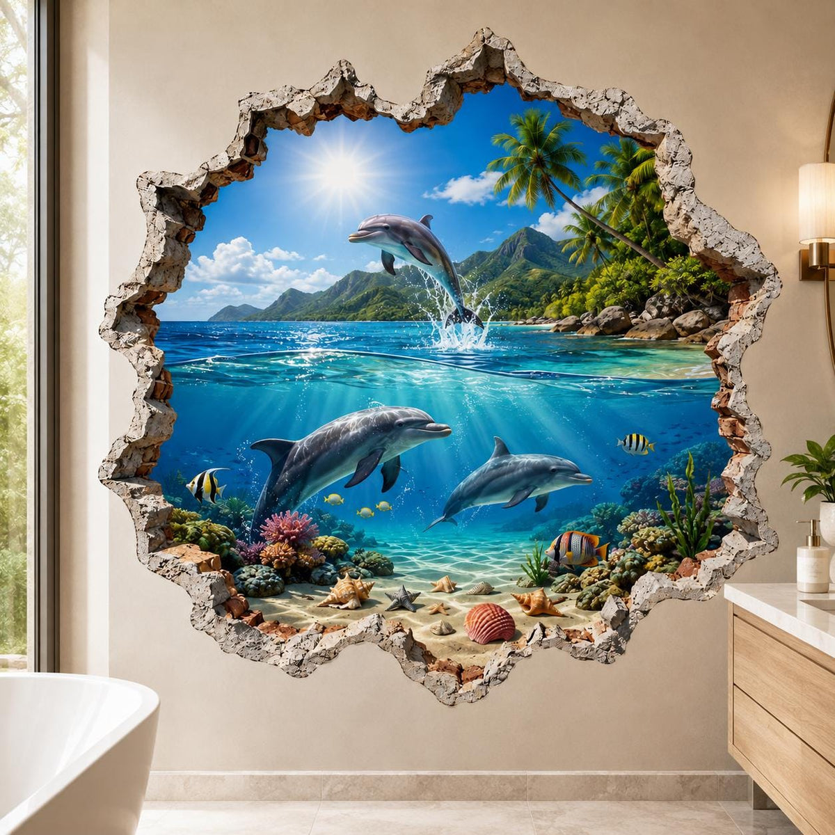 3D tropical ocean wall decal with a broken-wall illusion, three dolphins, turquoise sea, coral, fish and palm trees.