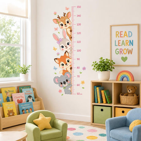 Woodland growth chart wall decal marked 50 to 150 cm, with deer, bunny, fox, koala, butterflies and flowers.