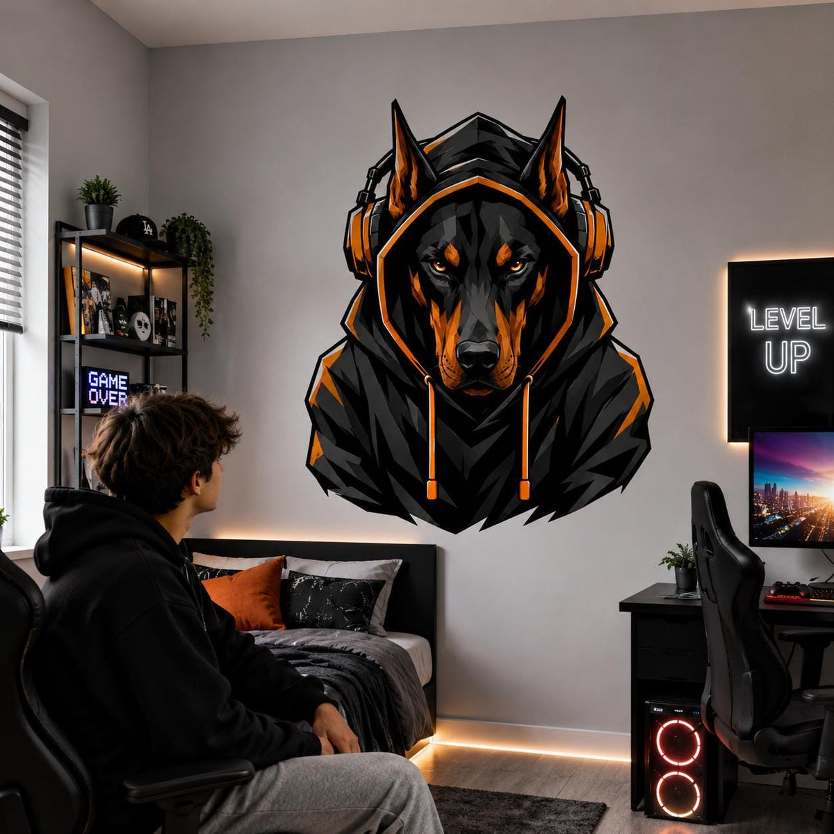 Printed vinyl artwork featuring a black and tan Doberman wearing a hoodie and orange headphones