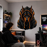 Printed vinyl artwork featuring a black and tan Doberman wearing a hoodie and orange headphones