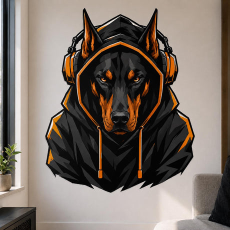 Doberman gamer wall sticker with orange eyes, pointed ears, a dark hoodie and black and orange headphones.