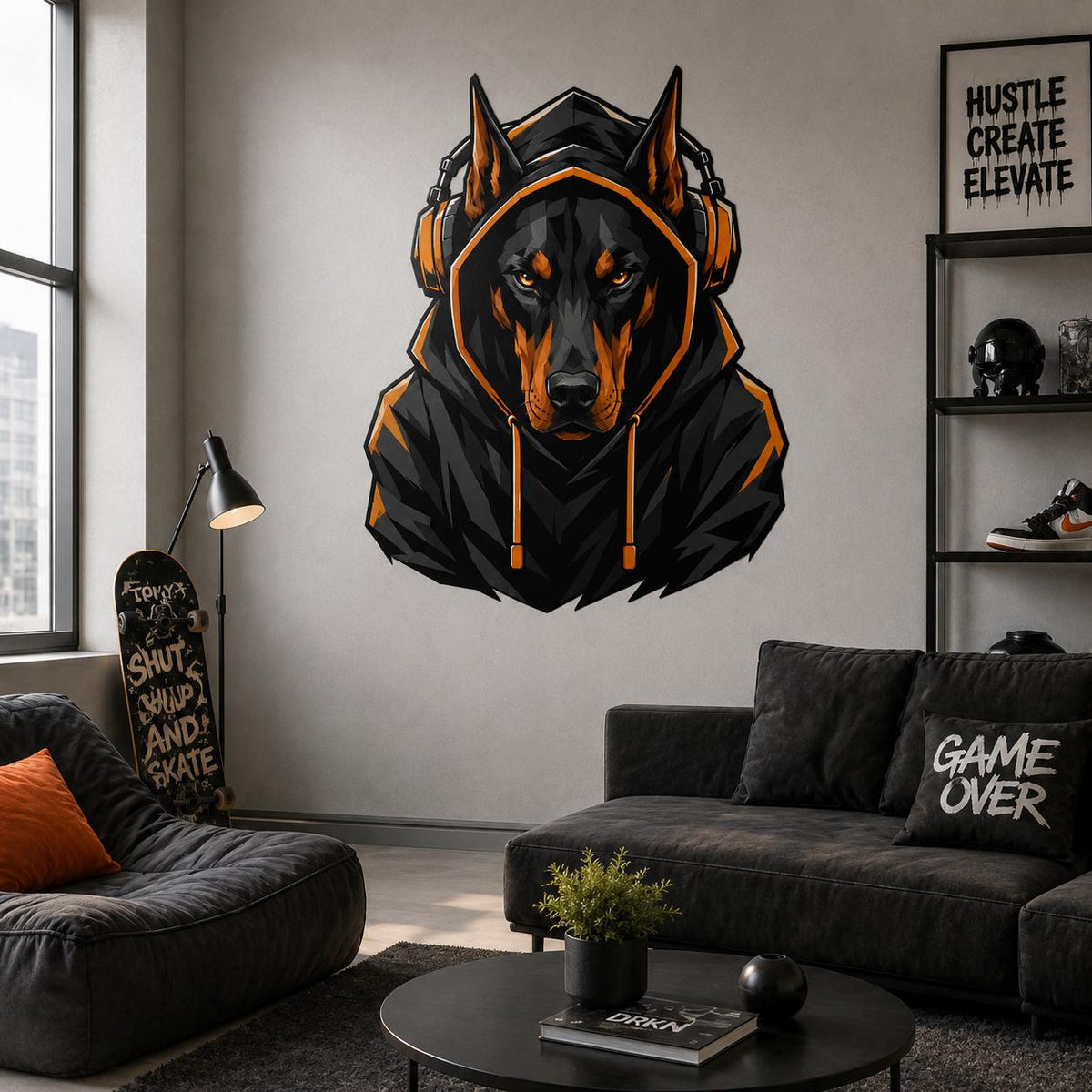Illustrated gaming dog wall decal depicting a black and tan Doberman wearing a hoodie and orange headphones