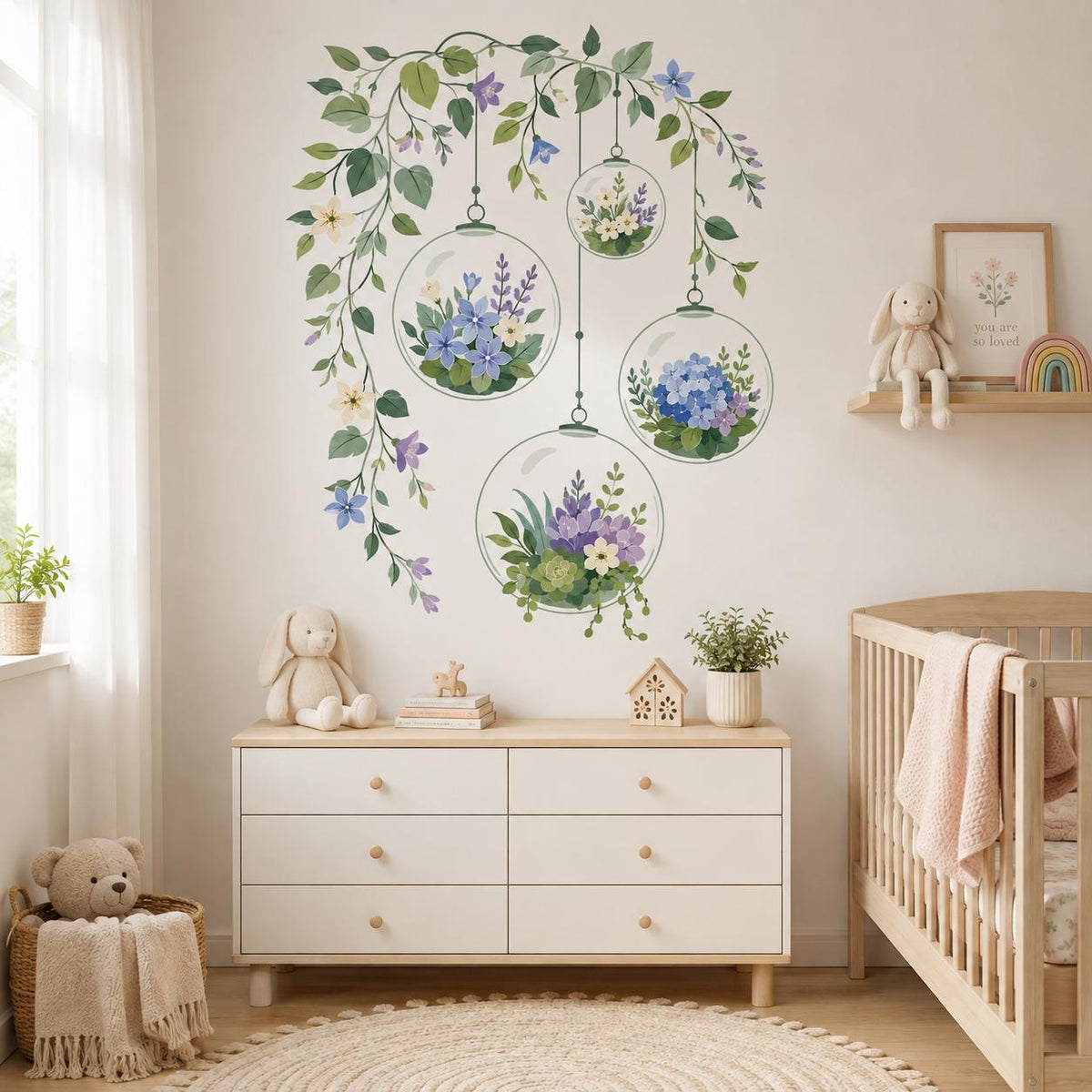 Design preview of botanical terrarium wall decal with four hanging glass globes filled with pale flowers and plants beneath a leafy vine