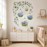 Design preview of botanical terrarium wall decal with four hanging glass globes filled with pale flowers and plants beneath a leafy vine