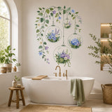 Illustrated botanical terrarium wall decal depicting four hanging glass globes filled with pale flowers and plants beneath a leafy vine