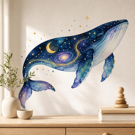 Celestial whale wall decal in blue and violet watercolor with stars, golden constellations and a crescent moon.