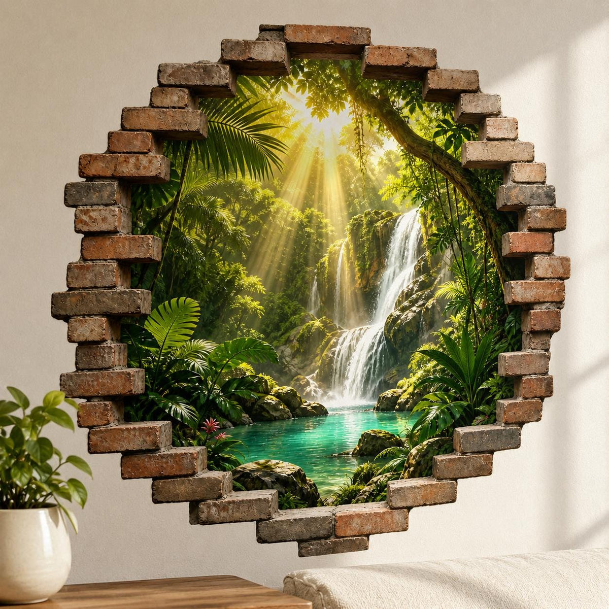 Close-up of a tropical waterfall seen through a 3D broken-brick wall decal with green rainforest foliage.