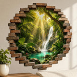 Close-up of a tropical waterfall seen through a 3D broken-brick wall decal with green rainforest foliage.