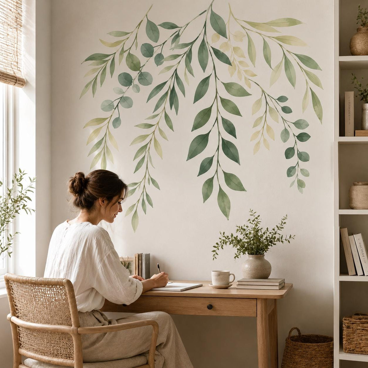 Woman sitting at a wooden desk beneath cascading green leaf wall stickers in a bright room.