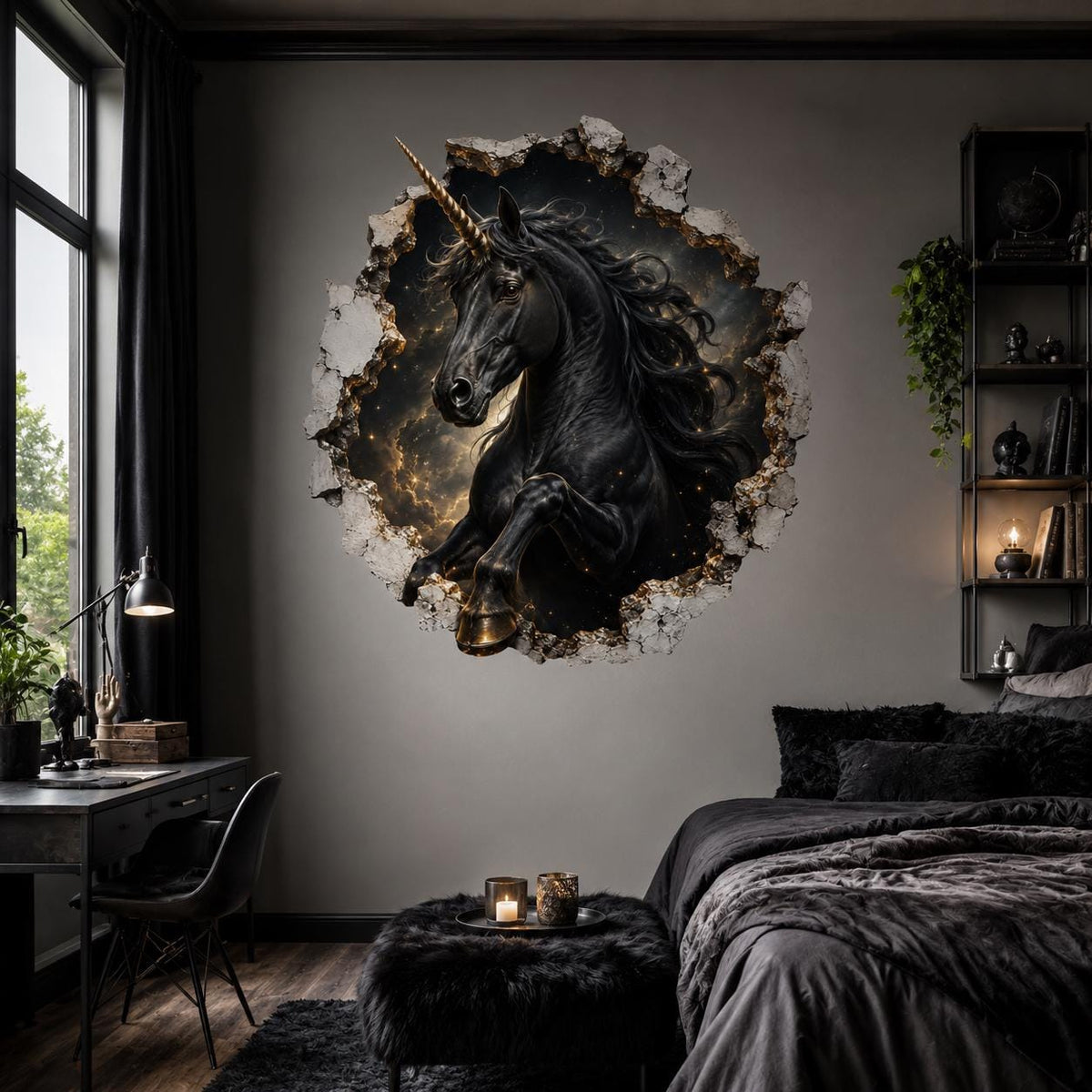 Black unicorn and starry cracked-stone wall decal above a charcoal bed in a dark bedroom.