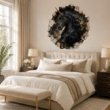 Black unicorn stone-portal wall sticker above a cream double bed with matching lamps.