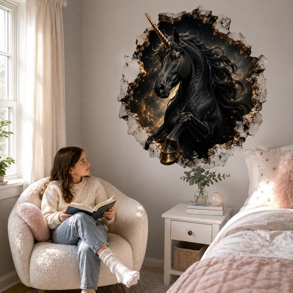 Woman seated in a pale armchair beneath a black unicorn wall decal beside a bed.