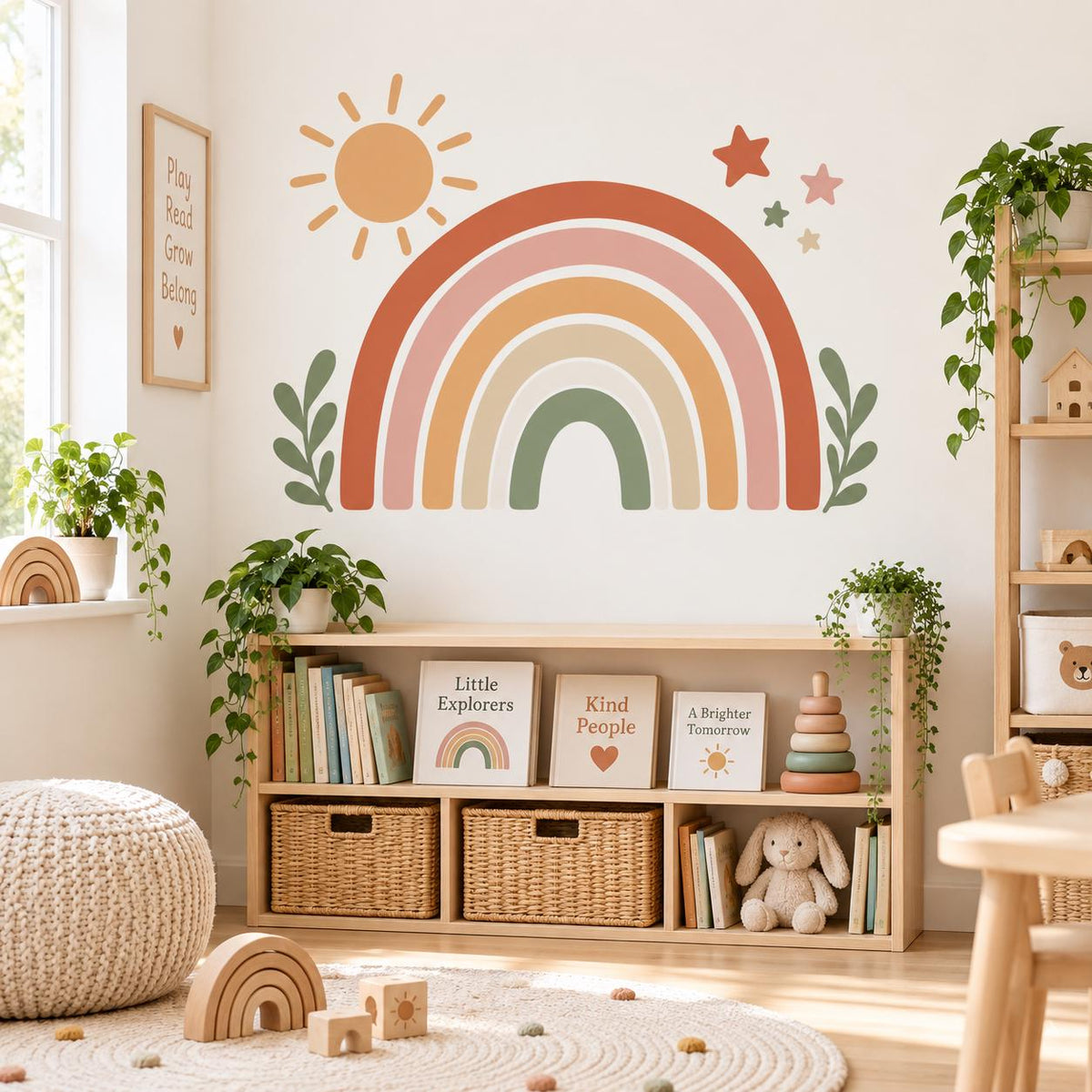 Boho rainbow and sun wall sticker above toy storage shelves with wicker baskets.