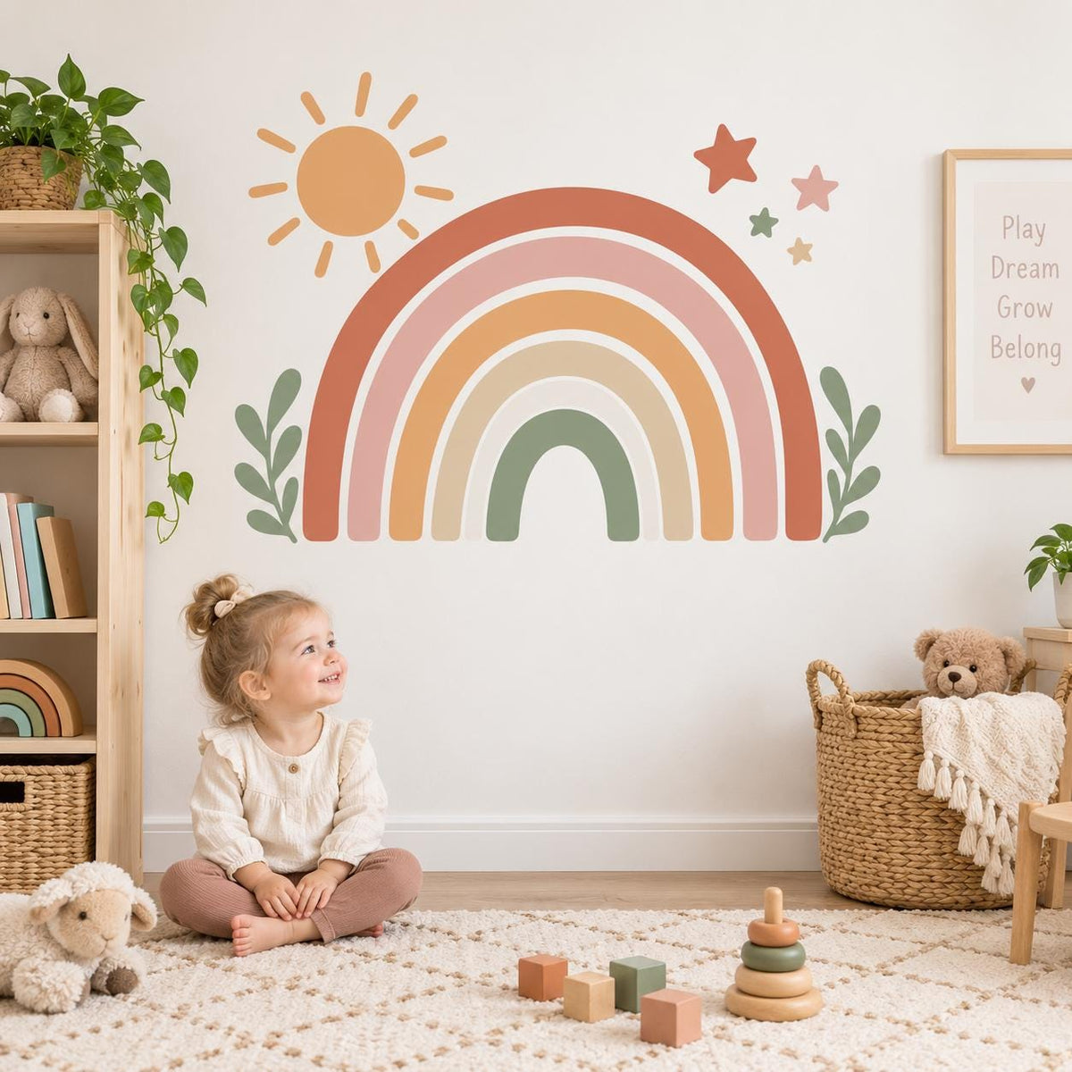 Child playing with wooden toys beneath a terracotta rainbow and leaf wall sticker.