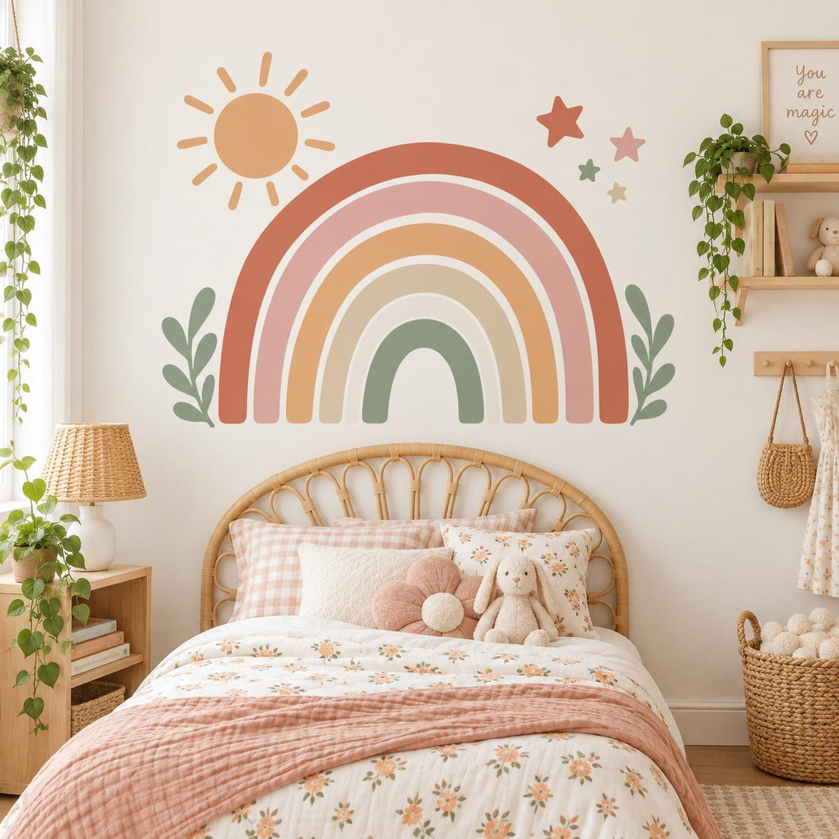 Boho rainbow and sun wall decal above a small child's bed with pink patterned bedding.