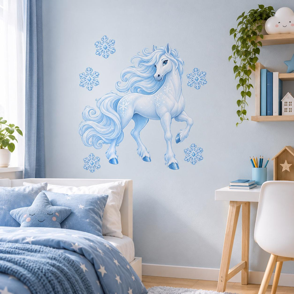Winter unicorn wall decal with icy blue mane above a blue bed and children's writing desk.