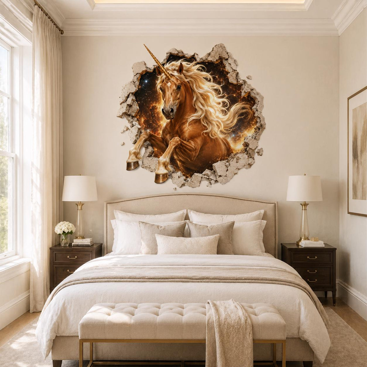 Fiery gold and brown unicorn wall decal above a cream bed in a softly lit bedroom.