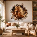 Golden brown unicorn emerging from cracked stone wall art above a cream sofa and wooden coffee table.