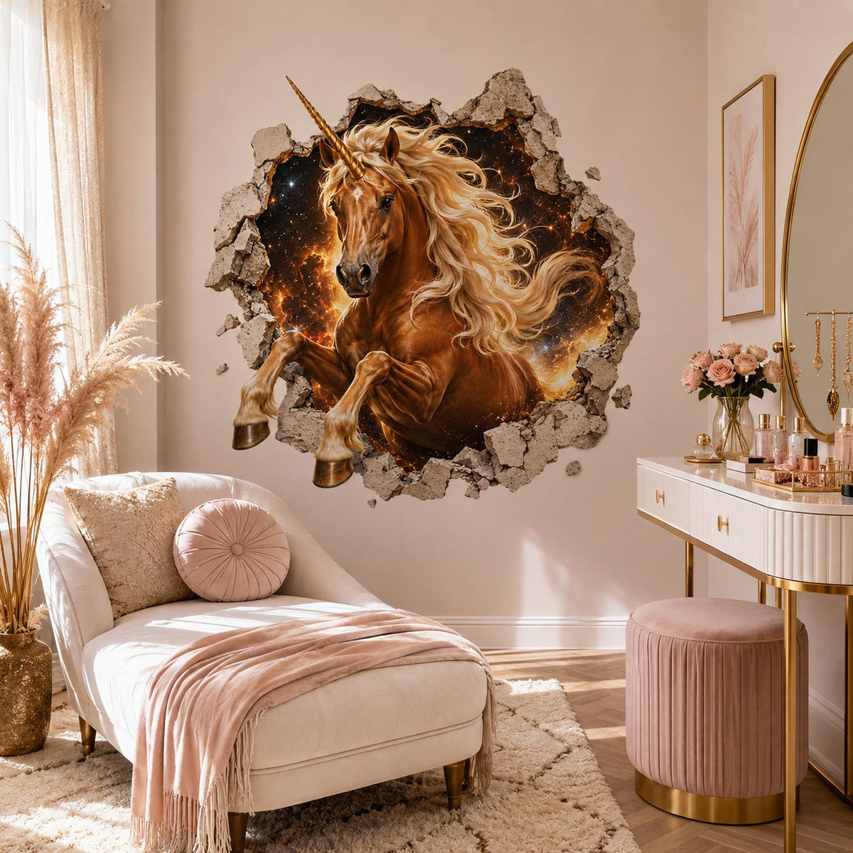 Fiery golden unicorn 3D wall decal above a blush chaise lounge beside a white vanity.