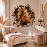 Fiery golden unicorn 3D wall decal above a blush chaise lounge beside a white vanity.