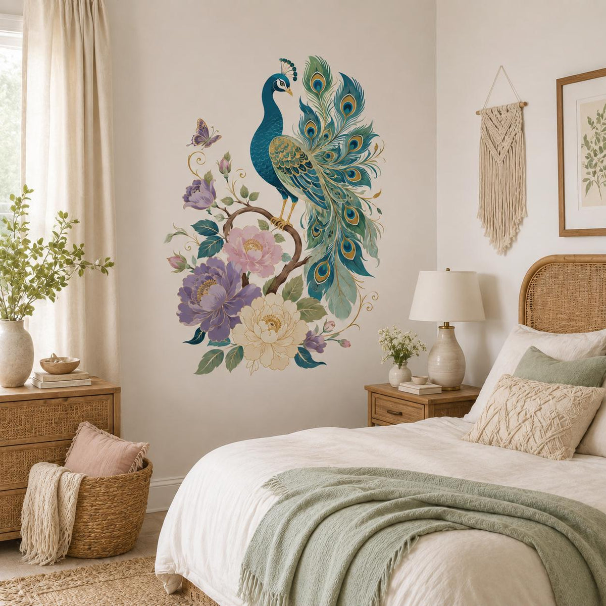 Teal peacock and floral wall decal beside a white bed with a pale green blanket and bedside lamp.