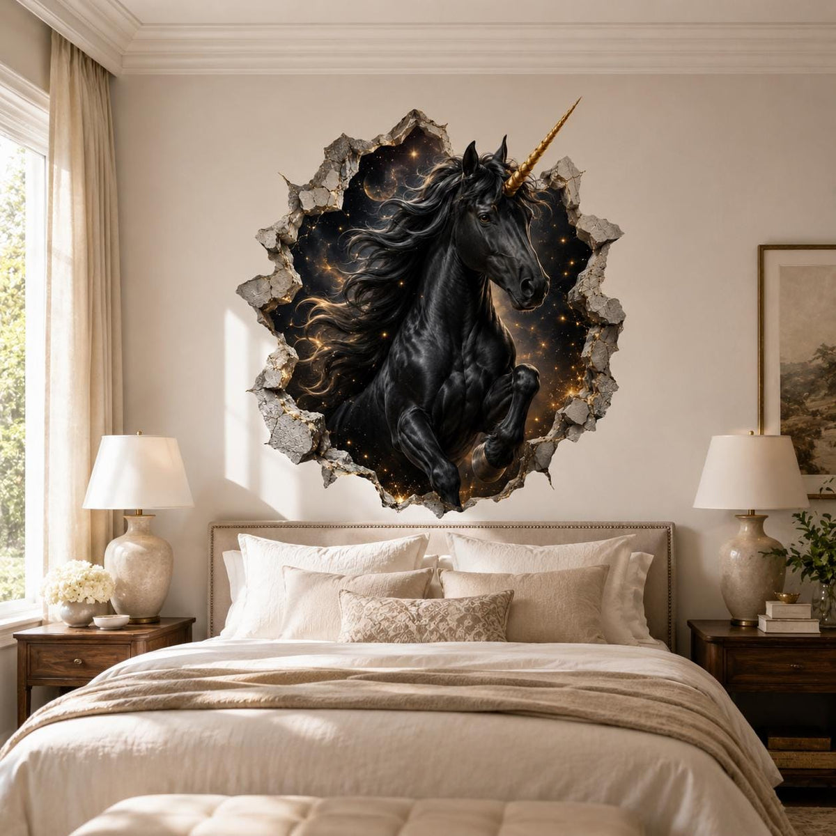 Black unicorn emerging from a gold-flecked cracked stone wall decal above a cream double bed.