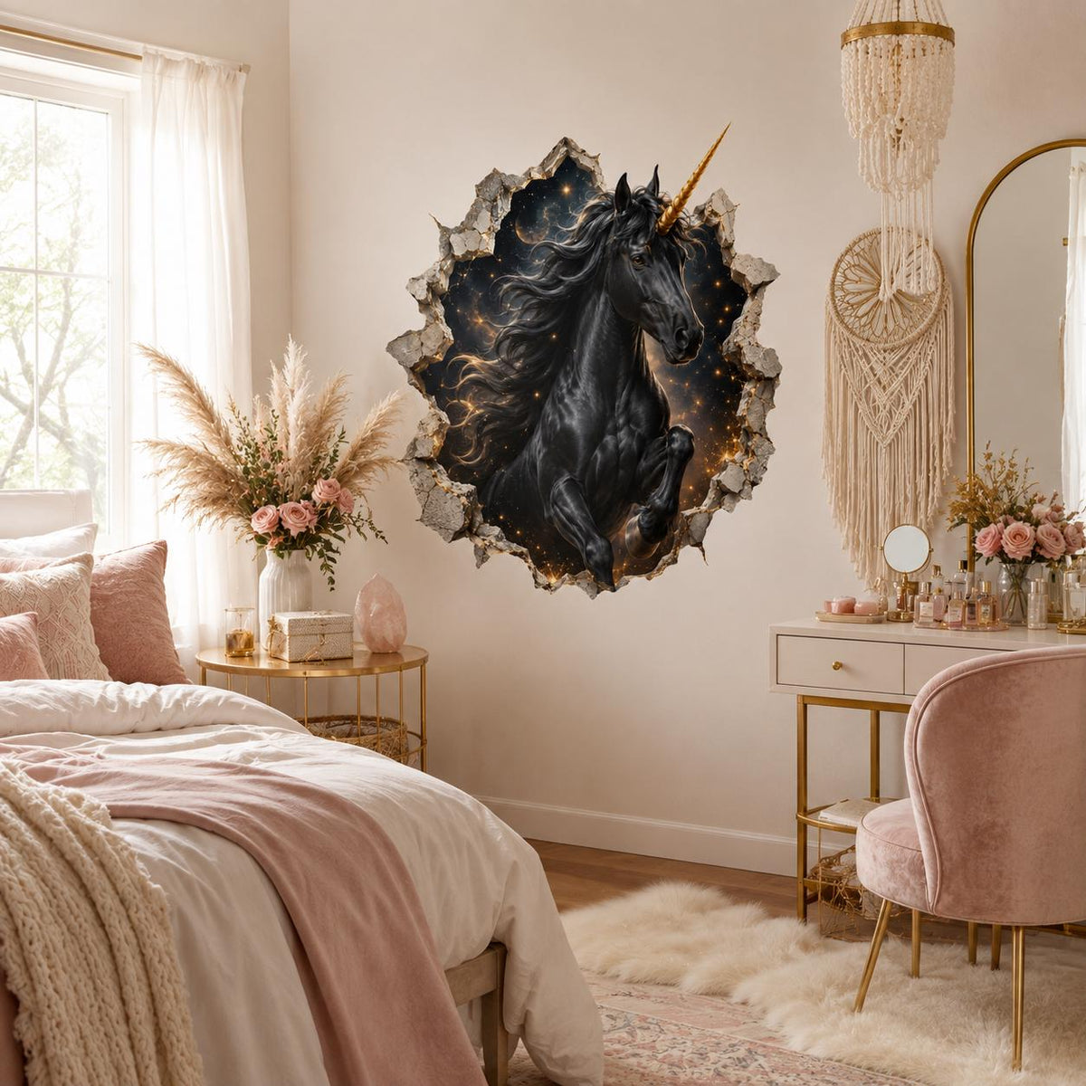 Black unicorn and starry stone portal wall decal in a pastel pink bedroom beside a dressing table.