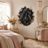 Black unicorn and starry stone portal wall decal in a pastel pink bedroom beside a dressing table.