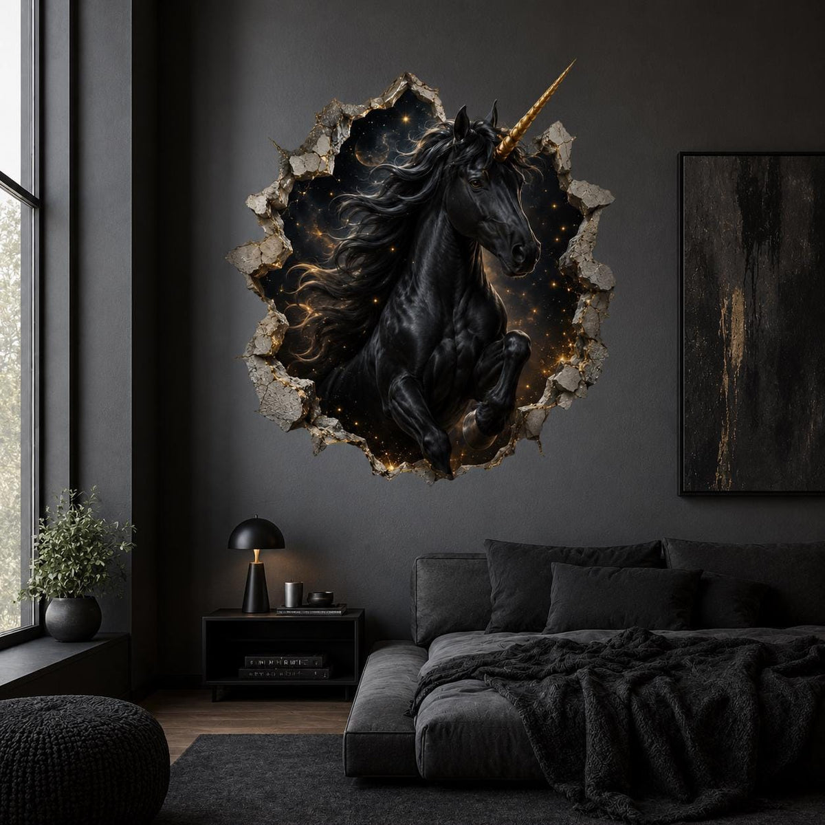 Black unicorn wall decal breaking through a cosmic stone portal above a dark gray bed.
