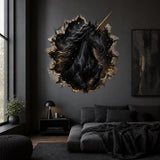 Black unicorn wall decal breaking through a cosmic stone portal above a dark gray bed.