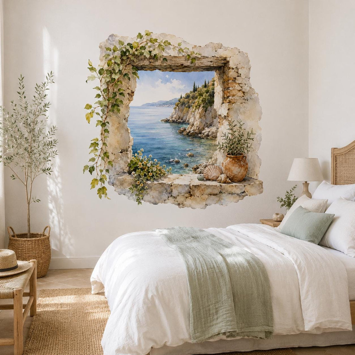 Mediterranean coastal window wall sticker with climbing ivy beside a white bed and pale green blanket.