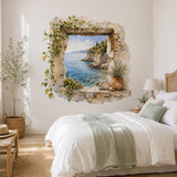 Mediterranean coastal window wall sticker with climbing ivy beside a white bed and pale green blanket.